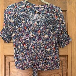 ESQUALO Blue Pink Tie Front Short Sleeve Blouse